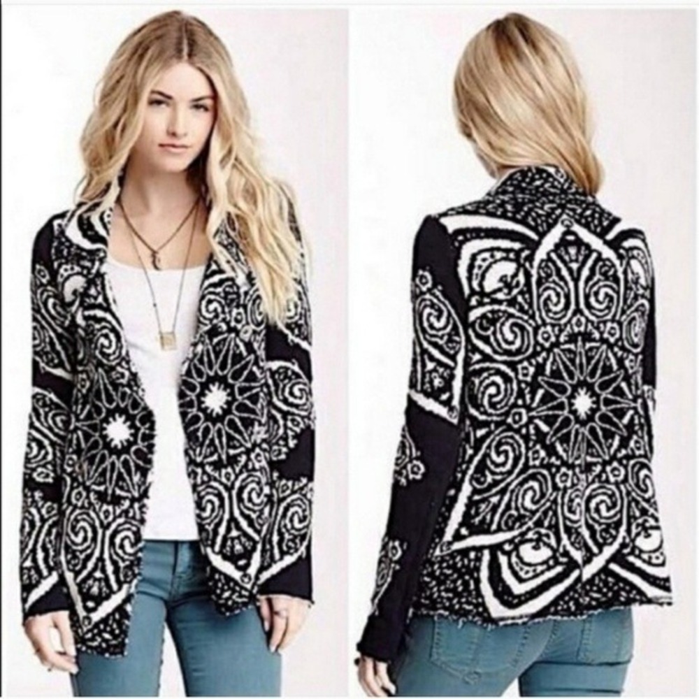 Free People Smitten Kitten Cardigan Women Small Black Mandala Boho Knit Sweater